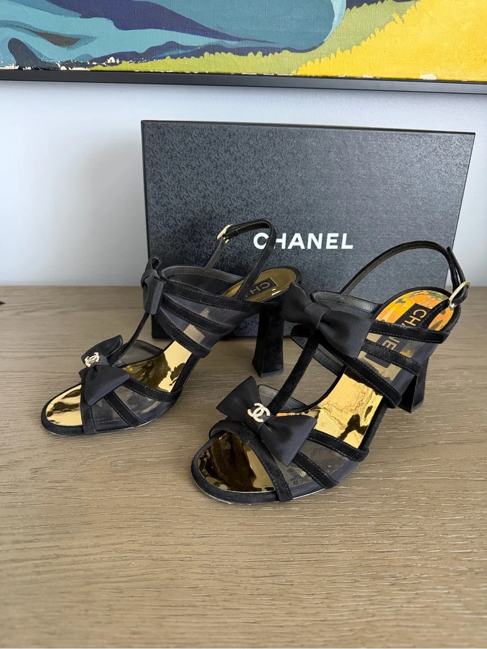CHANEL Black Satin Bow T-Strap Heels with Gold Insole